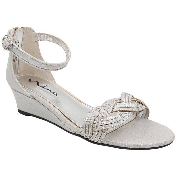 Nina Women Wedge Heel Ankle Strap Sandals Marlean Size US 5M Silver Embellished - Picture 1 of 6
